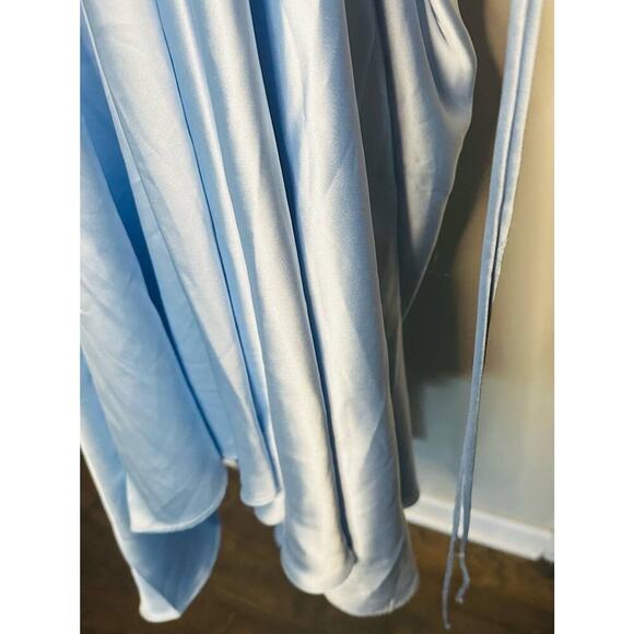 Ieena Mac Duggal Satin Strappy- Back High Slit Powder Blue Lace Up Back Gown 8 - Picture 7 of 14